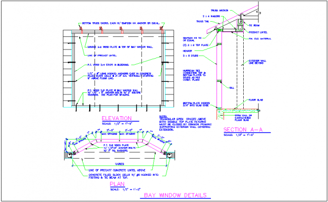 Bay Window Elevation Plan And Section Structure Details Dwg File Bay