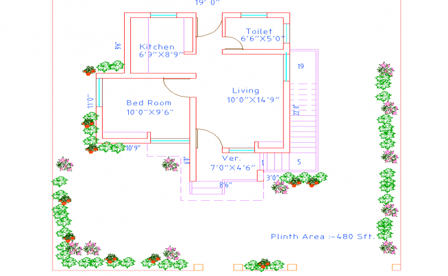 1bhk house plan dwg file