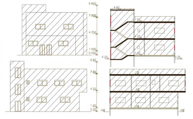 Two-level villa all sided elevation and section and auto-cad details ...