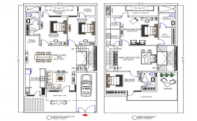 4 Bhk House Floor Plan In 2000 Sq Ft Autocad Drawing
