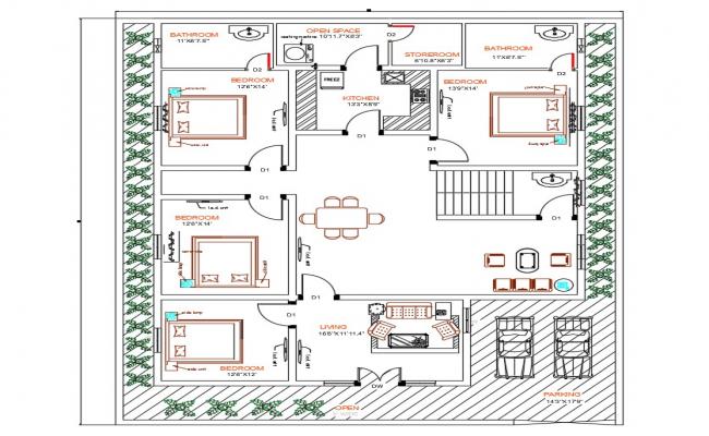 3BHK Simple  House  Layout Plan  With Dimension In AutoCAD  