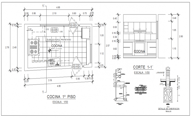 Kitchen all sided section, plan and furniture and structure cad drawing ...