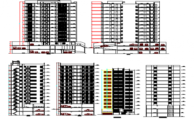 All Side Elevation of High Rise Apartment Building dwg file