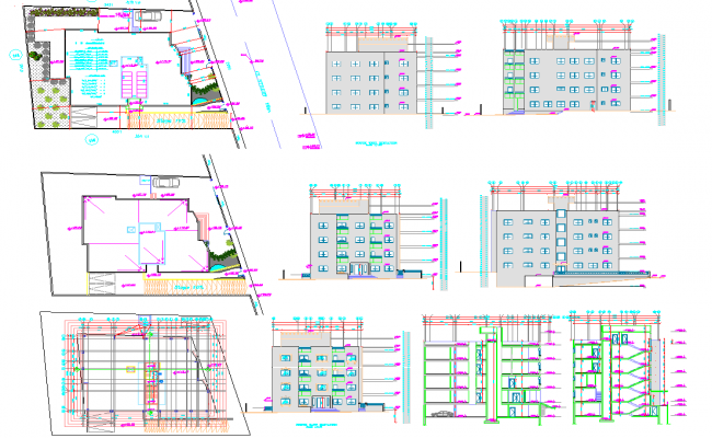 Two Story Apartment Building Elevations And Sections Design AutoCAD ...