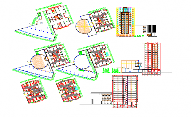 Facade and back sectional details of multi-story apartment building dwg ...