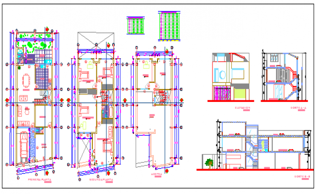 House all sided elevation, section, ground and first floor plan cad ...