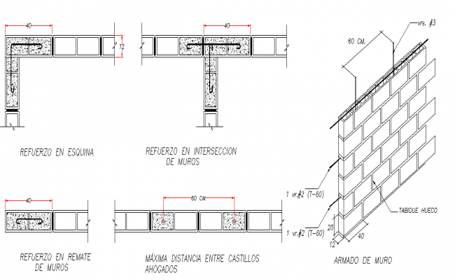 Block wall standards 12x20x40 dwg file