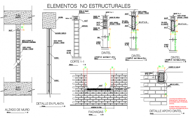 Brick wall elevation and section plan detail dwg file