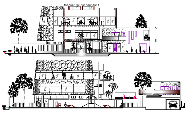 Club House Design and Elevation and Section Plan dwg file