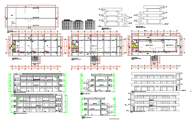 Commercial building plan, elevation and section detail dwg file