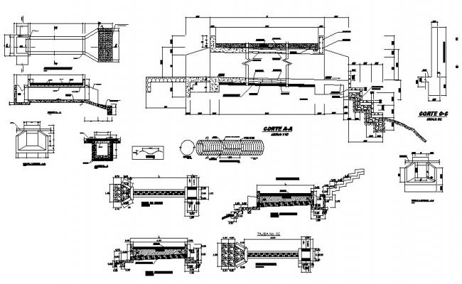 Concrete bridge and road section and constructive cad drawing details ...