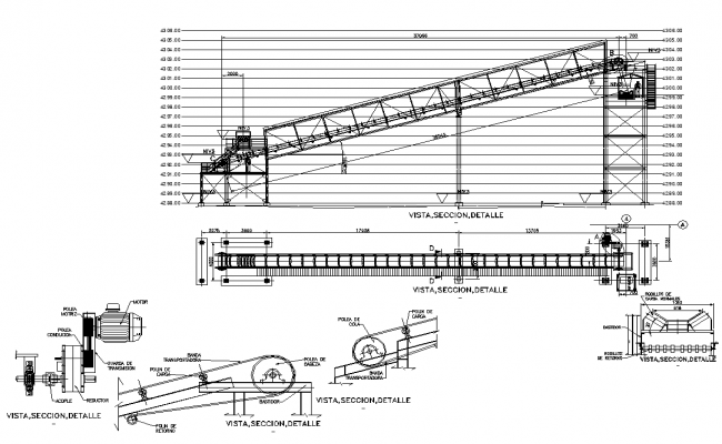 Conveyor belt detail CAD machinery 2d view layout dwg file