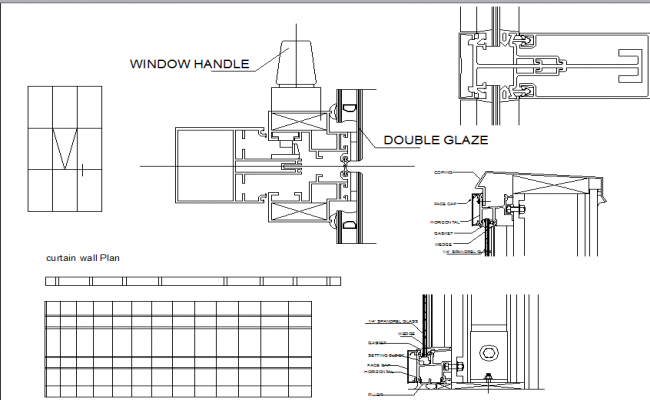 Curtain sectional detail, window handle detail dwg file