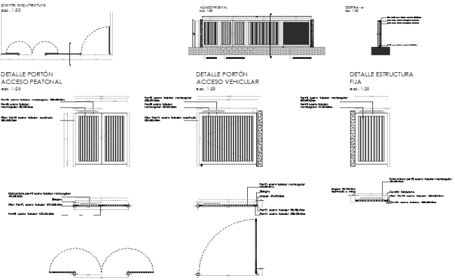 Detail gate Door plan, section and elevation detail dwg file