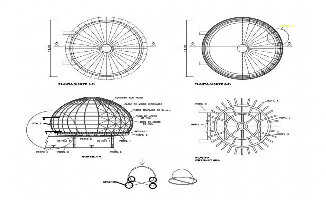 Dome elevation, section and constructive details dwg file