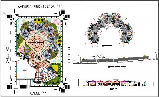 Education center landscape view section & elevation view dwg file