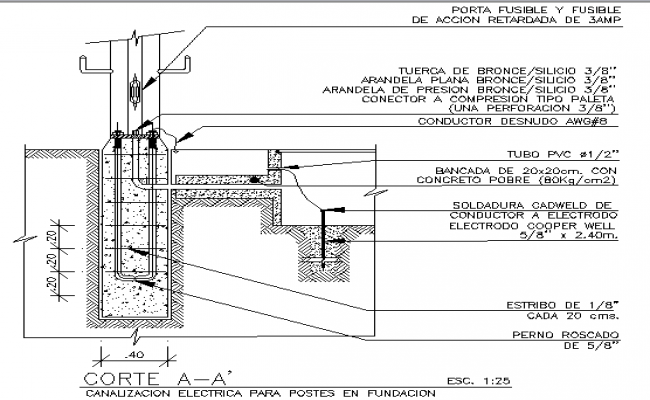 Electrical channel for post in foundation details dwg file