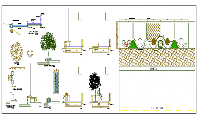 Equipment on side walk street lights planters details of 