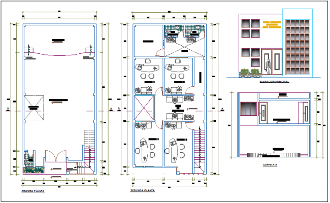 First and second floor plan with elevation and section view of office ...