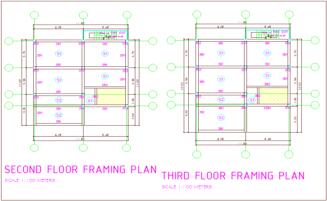 Framing plan with second and third floor plan of office area dwg file