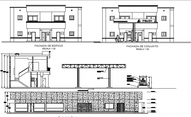 Gas station building elevation and sectional details dwg file