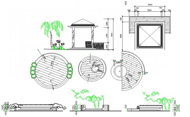 Gazebo detail 2d view elevation and plan layout file in autocad format