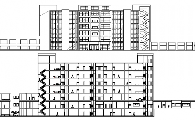 Multi-story hospital building main elevation and section cad drawing ...