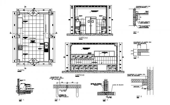 Hotel kitchen constructive section, plan and auto-cad details dwg file