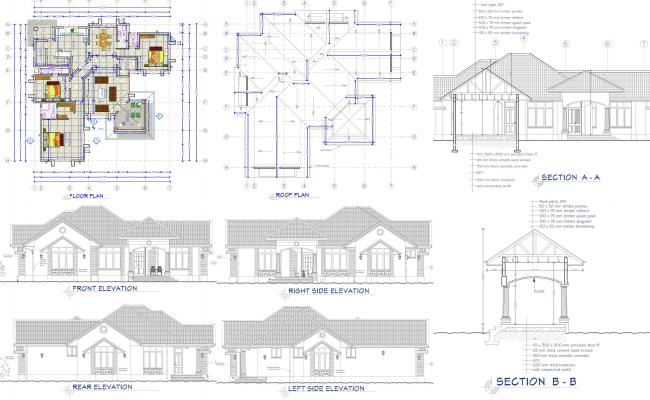  House  plan  with detailed dimensions  sections elevations 