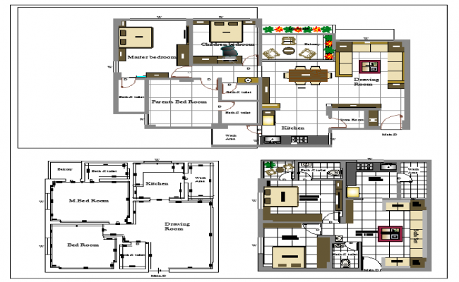 Interior plan  of a 2  BHK  House  dwg file 