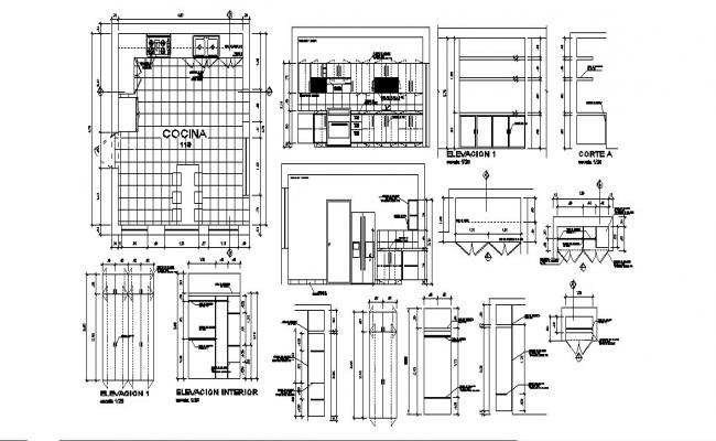 Kitchen elevation section plan and interior auto cad  