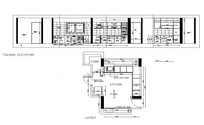 Kitchen interior elevation and plan 2d view CAD constructive block