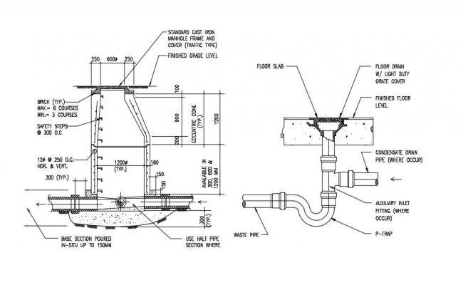 Water tank section, plan and plumbing structure details of office ...