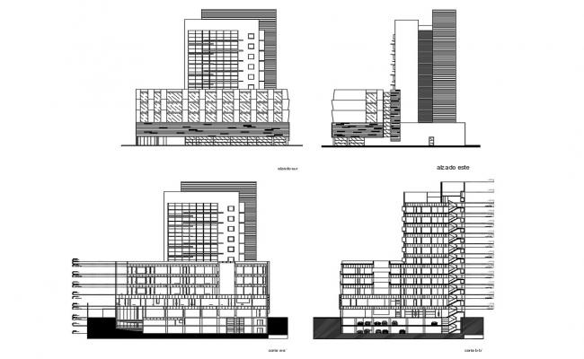 Multi-flooring maternity hospital facade and back elevation and section ...