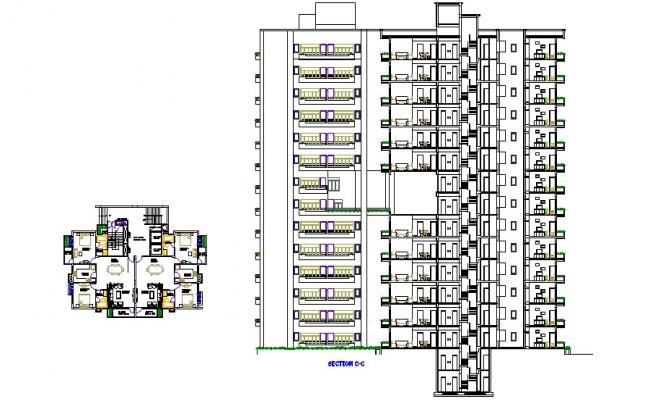 Drawing of the residential apartment with elevation and section in dwg ...