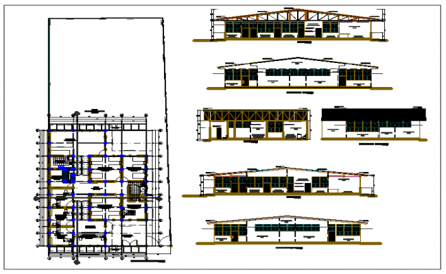 Office building plan and elevation, section view dwg file