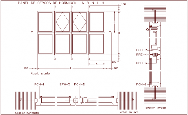 Panel door design of concrete fence design with sectional view dwg file