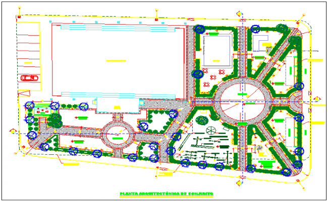 Central plaza theme park layout plan and landscaping structure details ...