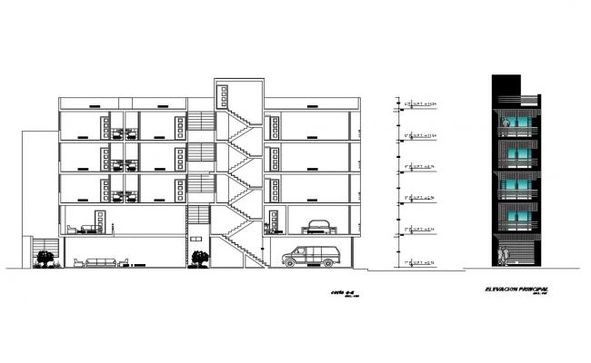 Residential building main elevation and section cad drawing details dwg ...