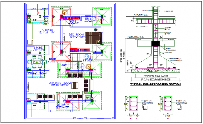 Residential house  plan  structural  member section view 