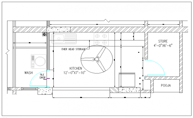 Residential kitchen plan view with dimension detail dwg file