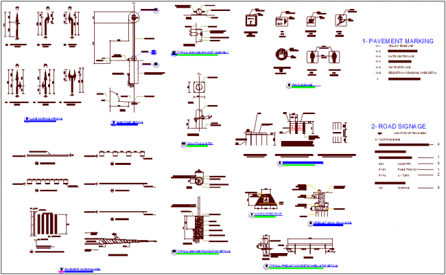Road sign and different pavement marking detail dwg file