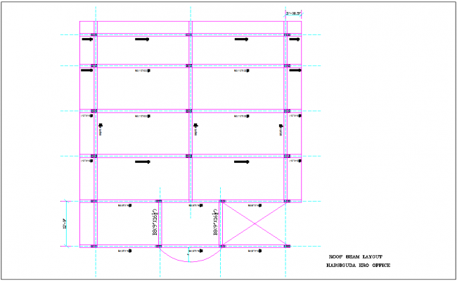 Roof beam layout for PRO office with architectural view dwg file