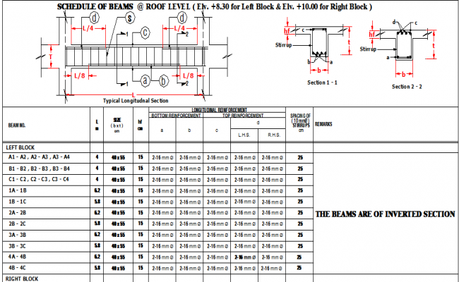 Schedule of beam at right and left block at roof level dwg file