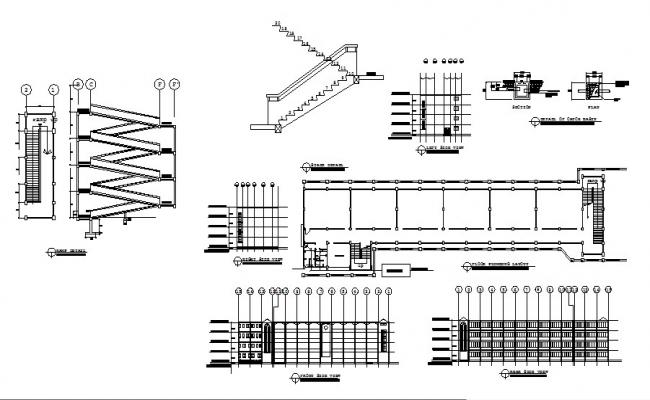 School building elevation, section, staircase, basement floor layout ...