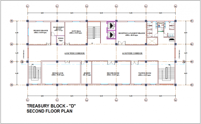 Second floor plan of treasury block D for admin building dwg file