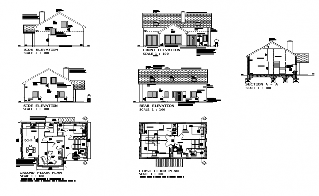 Section plan  and elevation  of housing building structure 