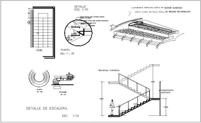 Semi- spiral stair section and elevation view dwg files