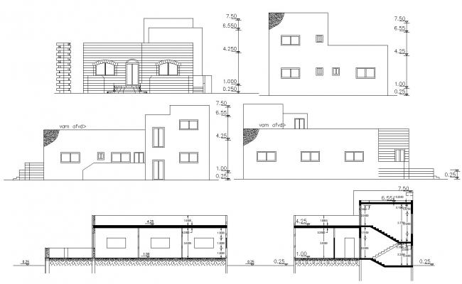 Front elevation and rear elevation view of bungalow dwg file - Cadbull