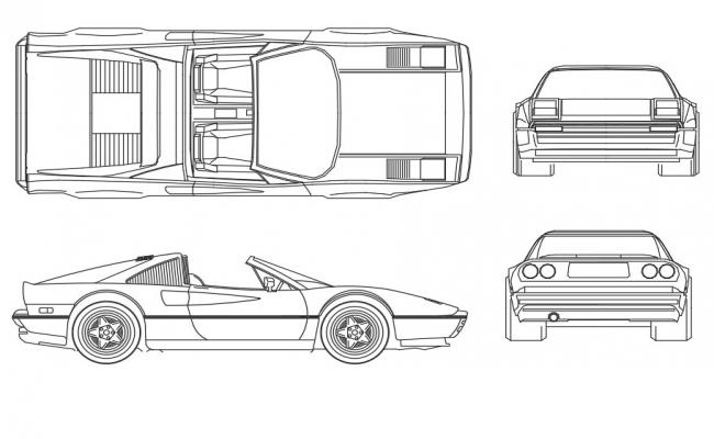 Elevation, plan, front and back view of design of car dwg file - Cadbull